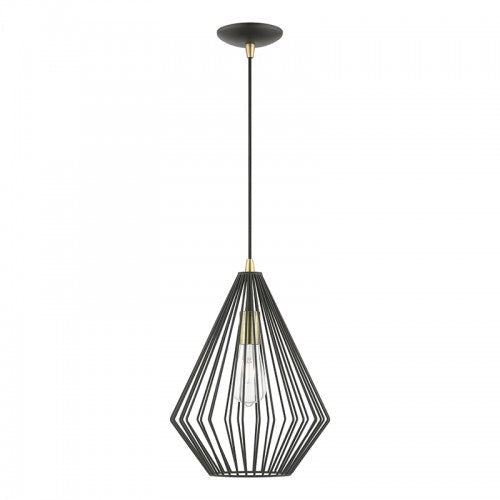 1 Light Textured Black with Antique Brass Accents Pendant Pendant Livex