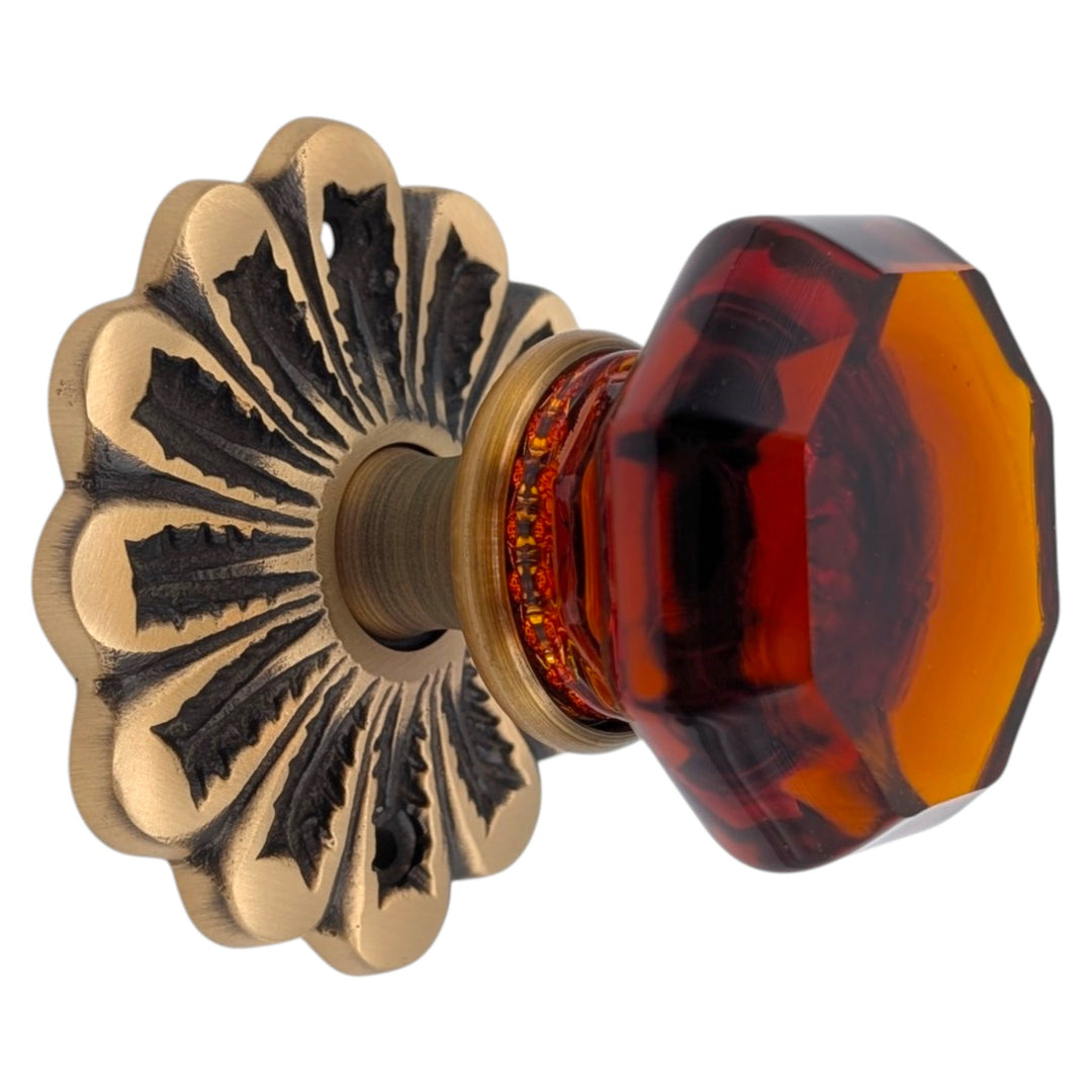 Maltesia Flower Rosette Door Set with Octagon Amber Glass Door Knobs (Several Finishes Available)