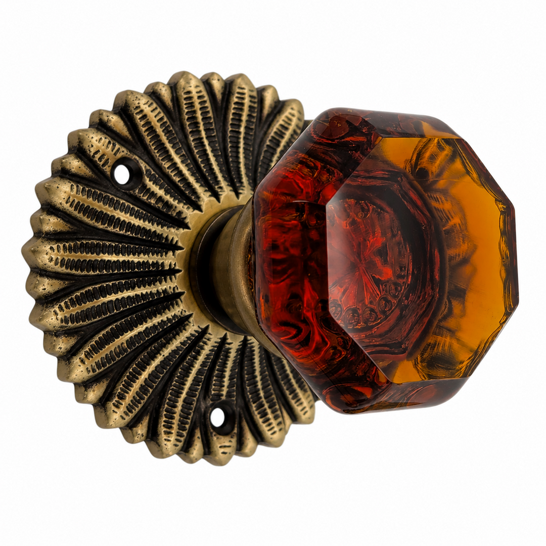 French Provincial Rosette Door Set with Amber Glass Octagon Door Knobs (Several Finishes Available)