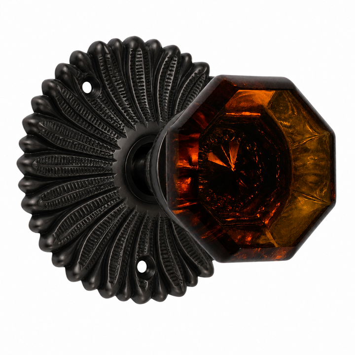 French Provincial Rosette Door Set with Amber Glass Octagon Door Knobs (Several Finishes Available)