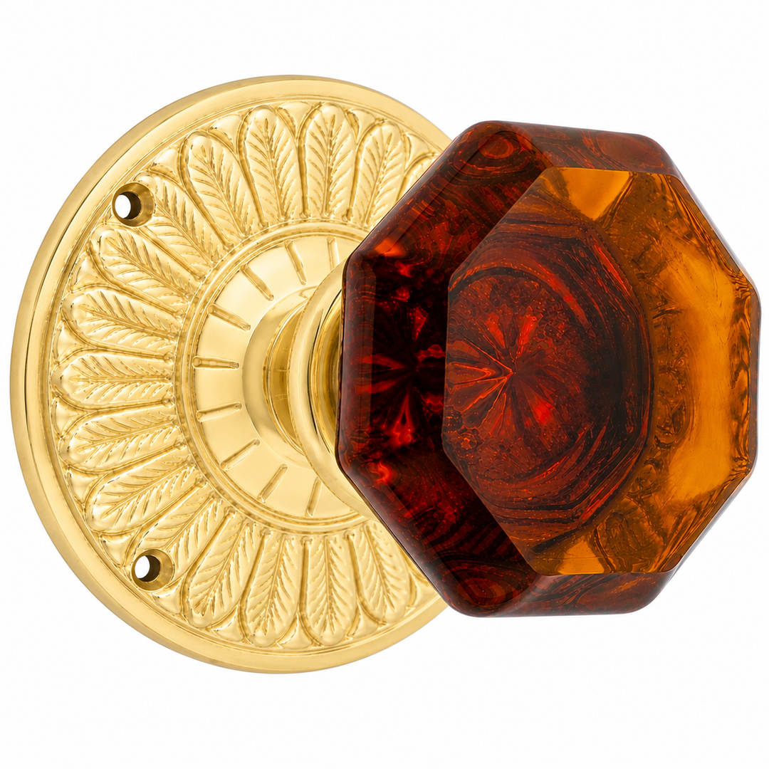 Feather Rosette Door Set with Amber Octagon Glass Door Knobs (Several Finishes Available)
