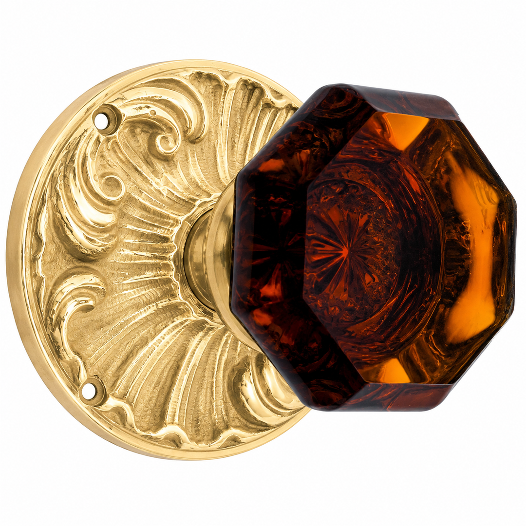 Romanesque Rosette Door Set with Octagon Amber Glass Door Knobs (Several Finishes Available)