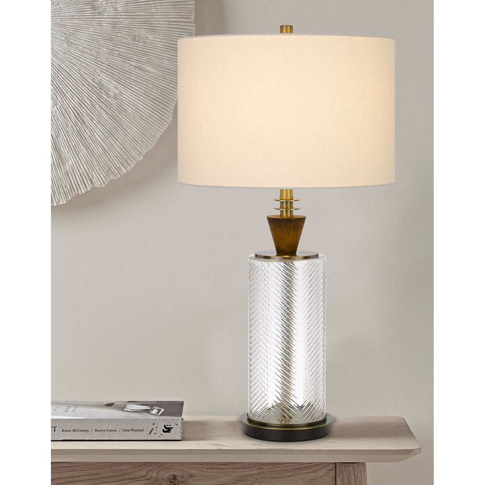 150W 3 WAY SHERWOOD GLASS TABLE LAMP WITH WOOD FONT AND HARDBACK FABRIC DRUM SHADE Cal Lighting