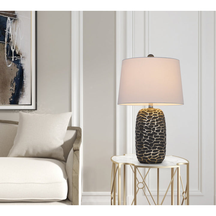 150W 3 WAY MENLO RESIN TABLE LAMP WITH HARDBACK TAPER DRUM FABRIC SHADE (SOLD AS PAIRS) Cal Lighting