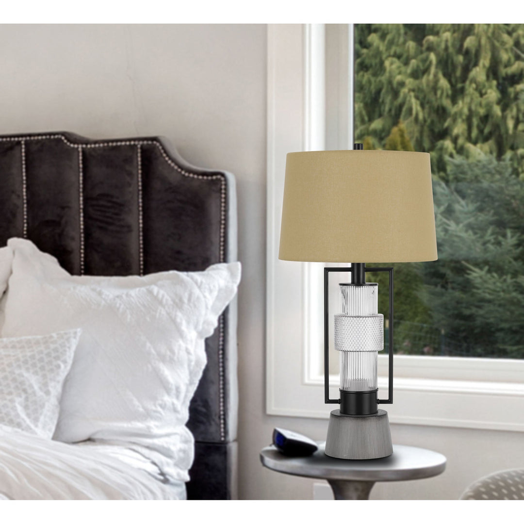 VALLDA 100W 3 WAY TABLE LAMP WITH 2W LED NIGHT LIGHT WITH METAL/GLASS BODY AND CEMENT BASE AND FINE BURLAP DRUM SHADE Cal Lighting