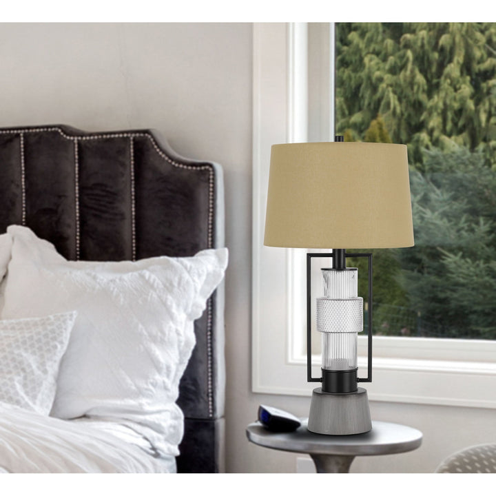 VALLDA 100W 3 WAY TABLE LAMP WITH 2W LED NIGHT LIGHT WITH METAL/GLASS BODY AND CEMENT BASE AND FINE BURLAP DRUM SHADE Cal Lighting