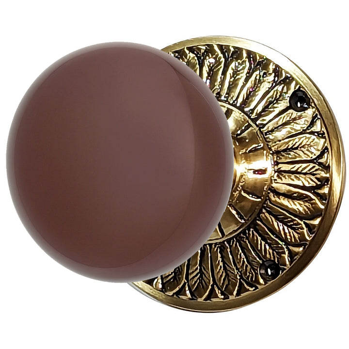 Brown Porcelain Door Knob with Brass Feathers Rosette