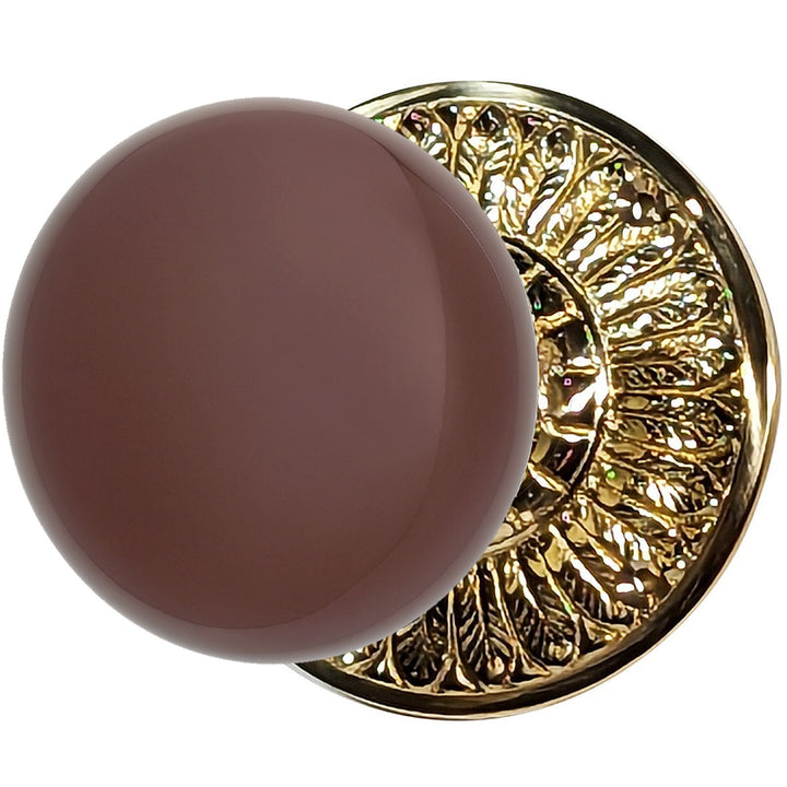 Brown Porcelain Door Knob with Brass Feathers Rosette