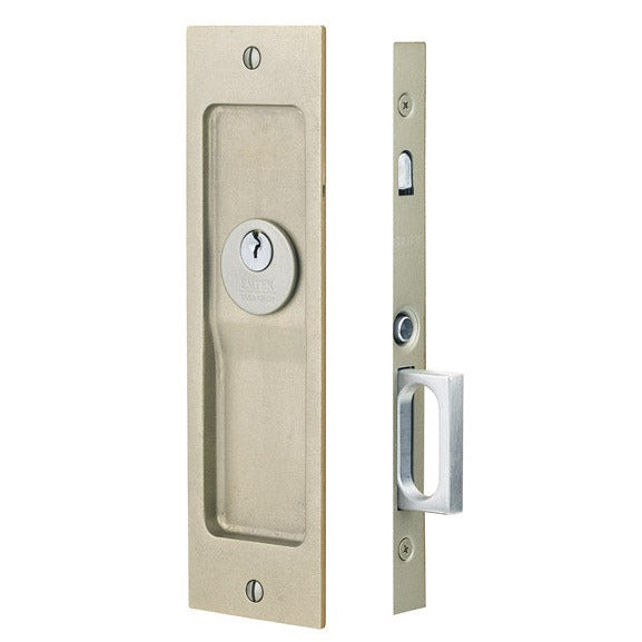EMTEK Sandcast Rustic Modern Rectangular Keyed Privacy Pocket Door Mortise