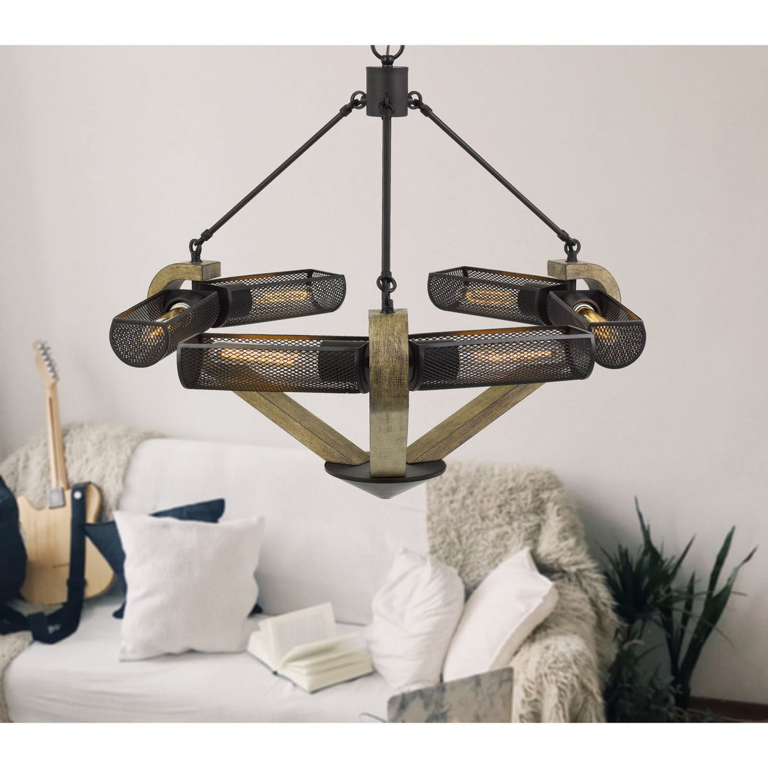 60W X 6 BADEN METAL/WOOD CHANDELIER WITH MESH SHADES (EDISON BULBS ARE NOT INCLUDED) Cal Lighting