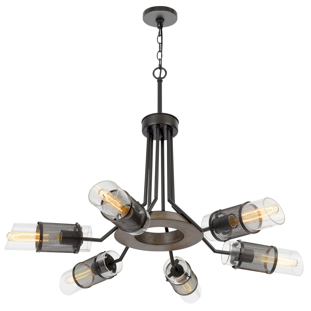 60W X 6 SAVONA PINE WOOD/METAL CHANDELIER WITH DOUBLE LAYER GLASS/METAL MESH SHADE. (EDISON BULBS NOT INCLUDED) Cal Lighting