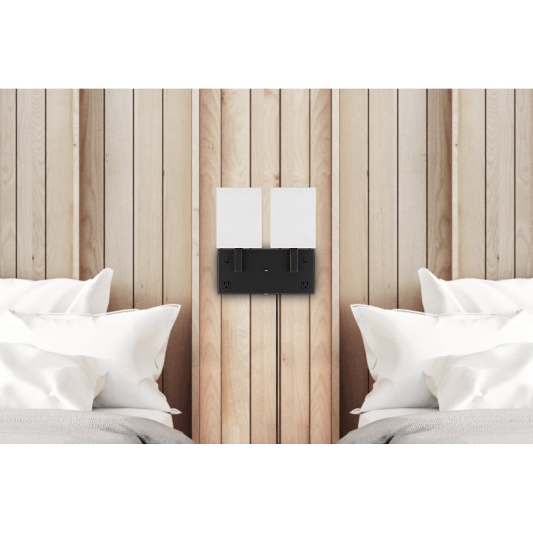 40W X 2 OBERLIN WALL LAMP WITH 2 POWER OUTLETS AND 1 USB CHARGING PORT Cal Lighting