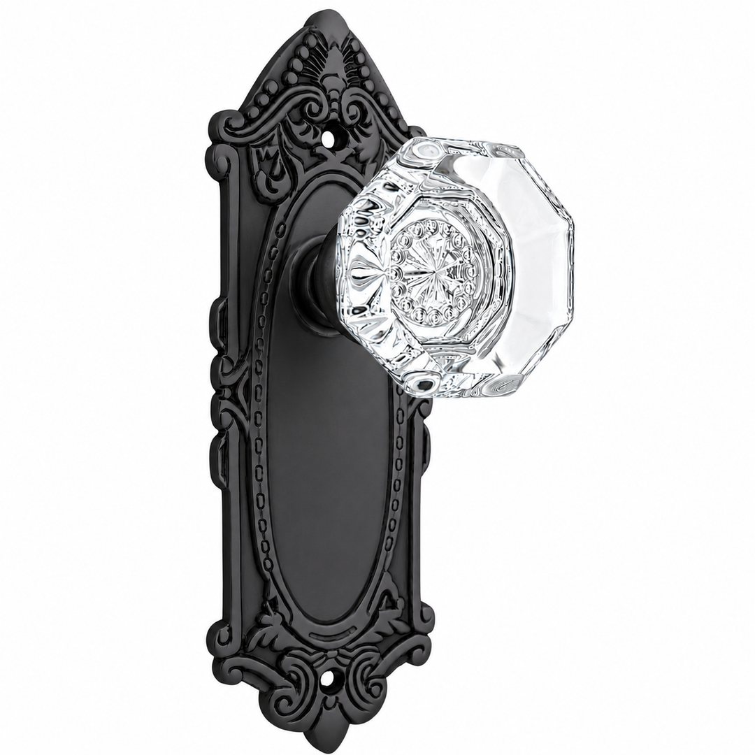 Ornate Victorian Long Backplate Door Set with Crystal Octagon Door Knobs (Several Finishes Available)