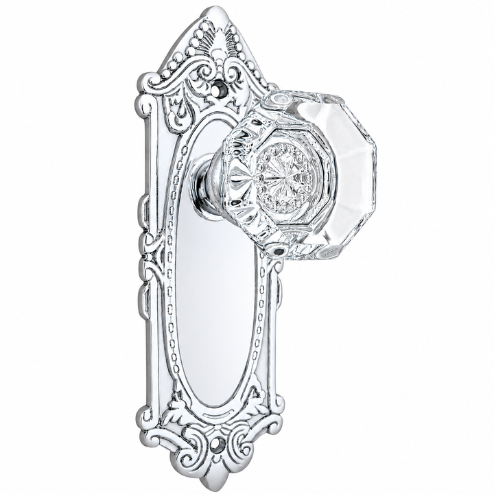 Ornate Victorian Long Backplate Door Set with Crystal Octagon Door Knobs (Several Finishes Available)