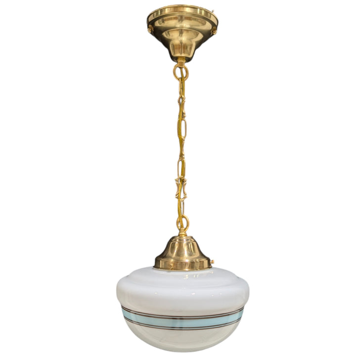 27 3/4 Inch Blue Striped Glass Chain Pendant (Polished Brass Finish)