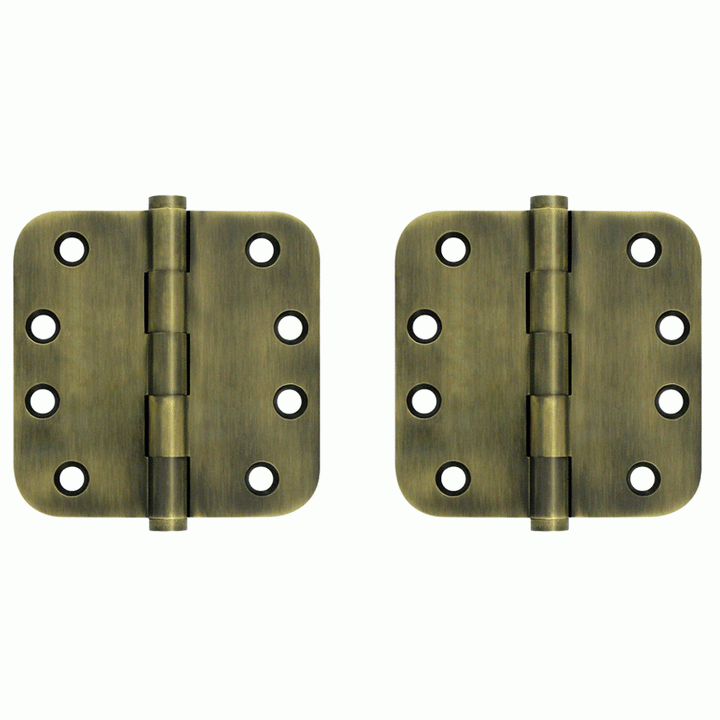 4 Inch X 4 Inch Solid Brass Hinge (5/8 Radius Corner, Antique Brass Finish) DELTANA