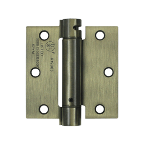 3 1/2 Inch x 3 1/2 Inch Steel Spring Hinge (Square Corner, Antique Brass Finish) DELTANA