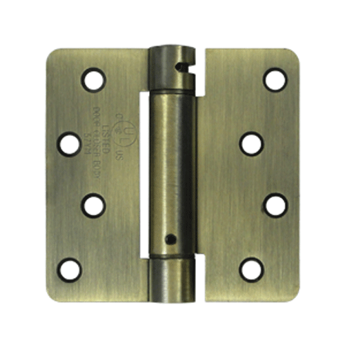4 Inch x 4 Inch Steel Spring Hinge (1/4 Radius Corner, Antique Brass Finish) DELTANA